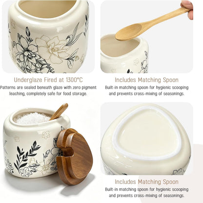 Ceramic Salt Cellar Bamboo Lid Spoon 3.5" Wide 12oz