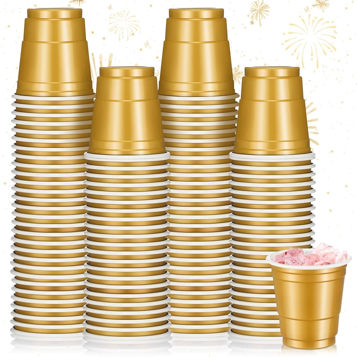 Roshtia 100 Pack 2 oz Plastic Shot Cups, Mini Disposable Shot Glasses 2 oz Wedding Party Cups for Bridal Shower Wedding Party, Beer Taste Serving, Snacks(Black, Gold)
