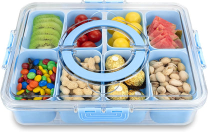 Divided Serving Tray with Lid and Handle,8 Compartments Snacks Box,Snack Fruit Tray,Veggie Tray,Portable Platter for Candy Fruits Nuts Snack Party Entertaining Picnic (2PCS Pink)