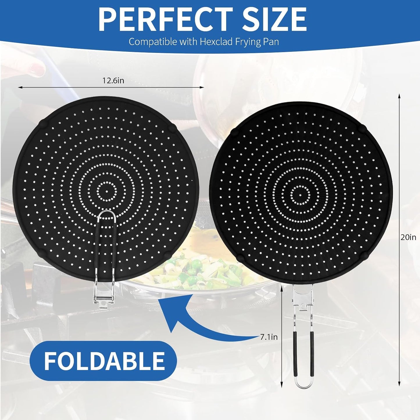 Splatter Screen Compatible with Hexclad,Silicone,12.5 Inches | Heat Resistant,with Folding Handle,Grease-Free Cooking,Dishwasher Safe,12.5 Inches,Black