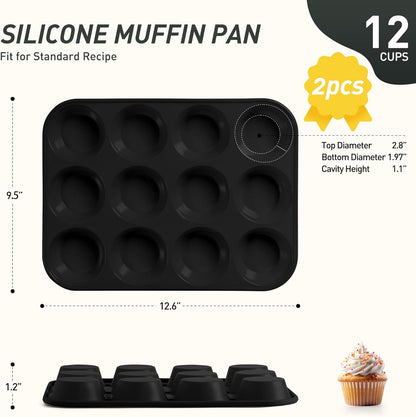 2 Pack 12 Cups Silicone Muffin Pan with Metal Reinforced Frame Regular Size Silicone Molds Cupcake Cake Baking Pans Cookie Baking Chocoflan Cupcake Mold Nonstick Muffin Tin Home Baking Supplies