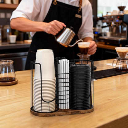 Coffee Cup Holder 18oz 3-Compartment Paper Cup Dispenser Rack with Wood Base - Disposable Cup, Straw & Lid Organizer 3-in-1 Storage for Countertop, Coffee Bar, Kitchen, Office