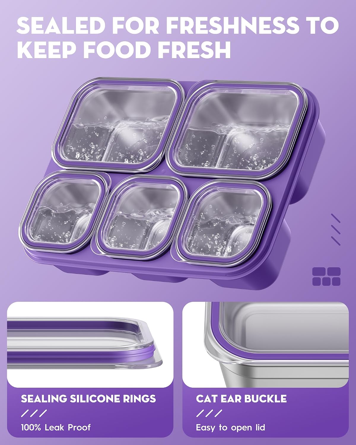 BiuLeon Snackle Box Containers, Stainless Steel 5 Compartments Divided Serving Tray with Lid, Removable LeakProof Portable Bento Box for Fruit Candy Nuts Food - School, Picnic and Travel（Blue）