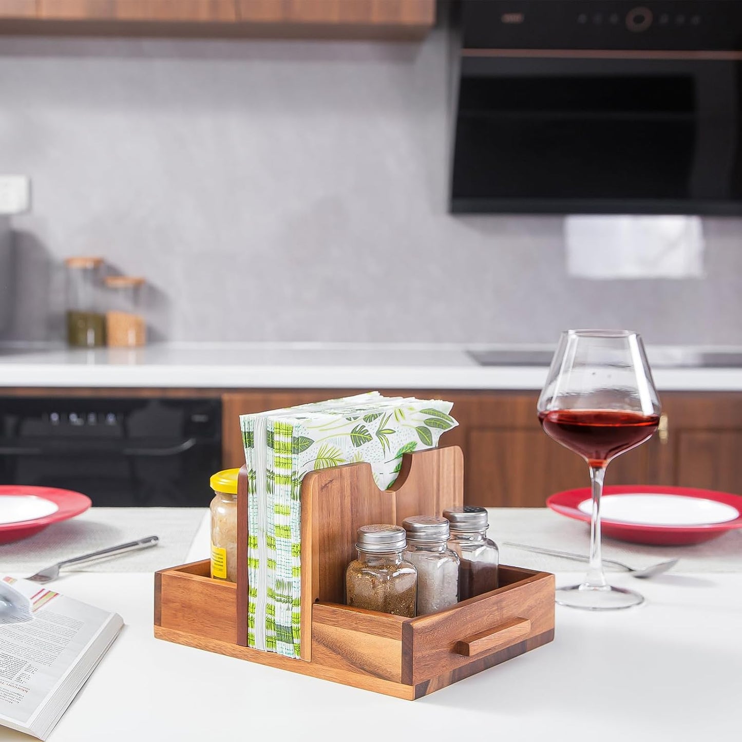 Napkin Holder for Table, Wooden Napkin Holder with Salt and Pepper Shakers Caddy, Rustic Napkin Holders for Kitchen Dining Room Table Decor, Standing Wood Napkin Dispenser for Indoor & Outdoor Use