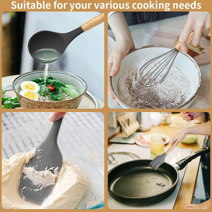 Silicone Cooking Utensils Set, 12Pcs Large Heat Resistant Kitchen Utensils, Turner Tongs, Spatula, Spoon, Wooden Handle Kitchen Gadgets with Holder for Nonstick Cookware, Dishwasher Safe (Grey)