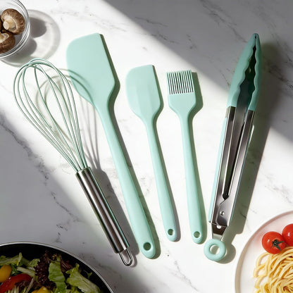 Silicone Kitchen Utensils Set - 5 Pcs Spatula Set with Holder, Heat Resistant, Dishwasher Safe (Green)
