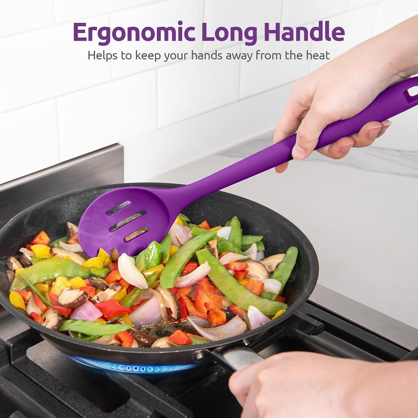 600ºF Heat Resistant Silicone Spoons: U-Taste 13.3in Solid & Slotted Kitchen Cooking Tool, Nonstick Long Rubber Utensil, Sturdy for Mixing, Serving, Stirring, Frying, Basting (Aqua Sky, 2PCS)