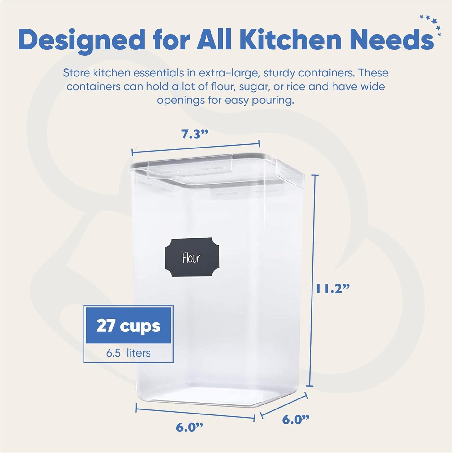 Chef's Path Extra Large Airtight Food Storage Containers with Lids, Pack of 2, 6.5L, 220Oz, Airtight Kitchen and Pantry Bulk Canisters for Flour, Sugar, Rice, and Baking Supplies - Transparent