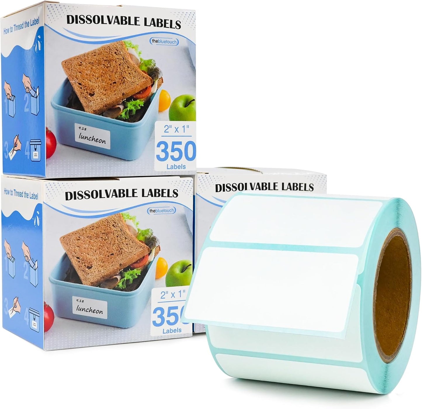 THEBLUETOUCH Dissolvable Food Labels with Dispenser - 1" x 2" Water Dissolving Labels, No Residue for Meal Prep & Food Storage Containers, 350 Count (1 Rolls of 350)