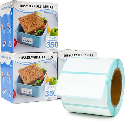 THEBLUETOUCH Dissolvable Food Labels with Dispenser - 1" x 2" Water Dissolving Labels, No Residue for Meal Prep & Food Storage Containers, 350 Count (1 Rolls of 350)