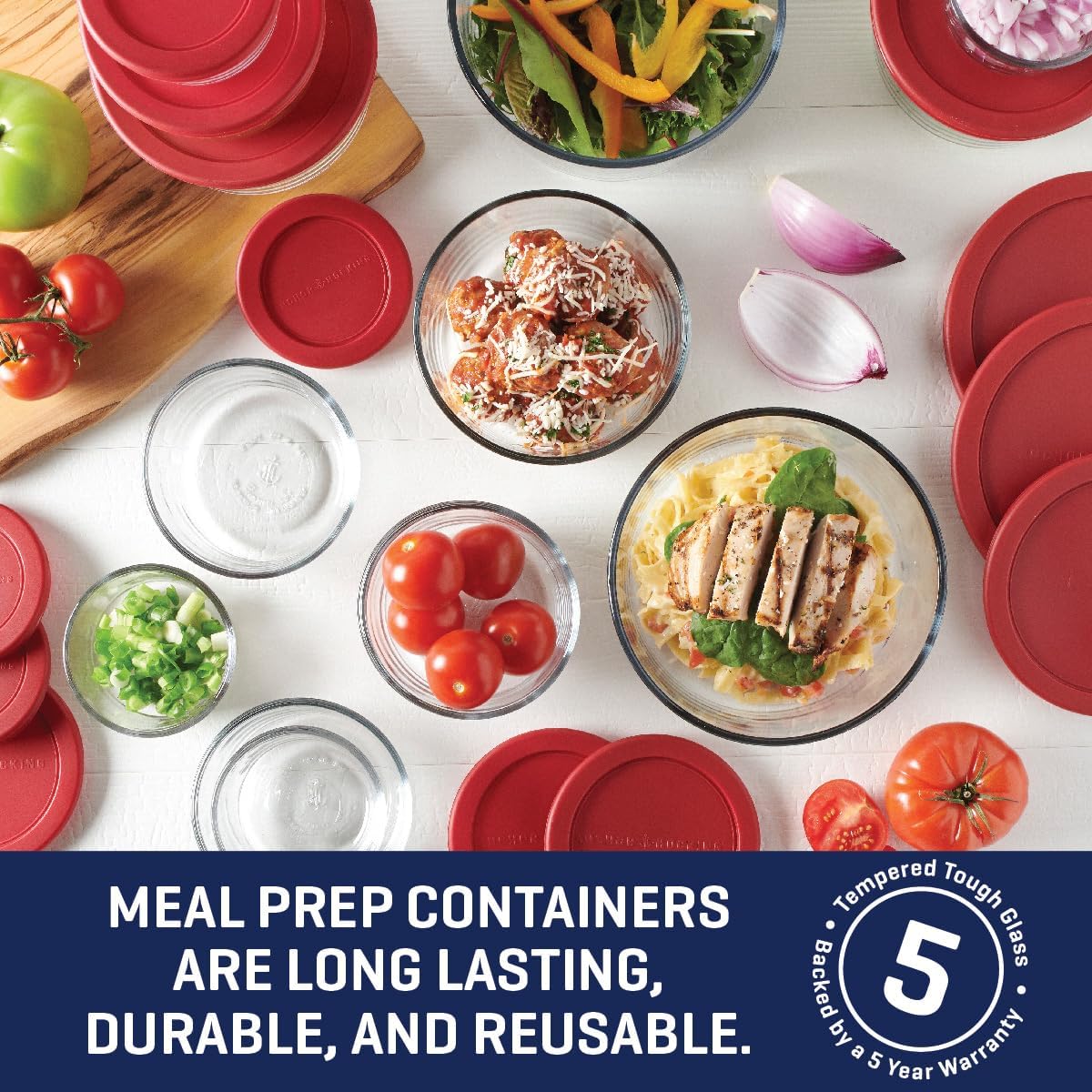 Anchor Hocking 12 Piece Glass Storage Containers with Lids (6 Glass Food Storage Containers & 6 Navy Blue SnugFit Lids)