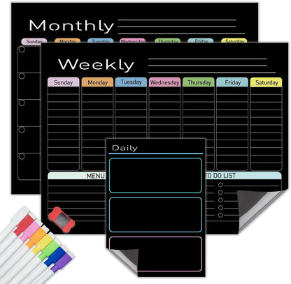 Hivillexun Black Magnetic Dry Erase Calendar for Fridge - 3 Pack Monthly, Weekly & Daily Planner Set (14"x11"), Includes 8 Neon Ultra-Fine Tip Markers & Large Eraser, Reusable Whiteboard for Kitchen