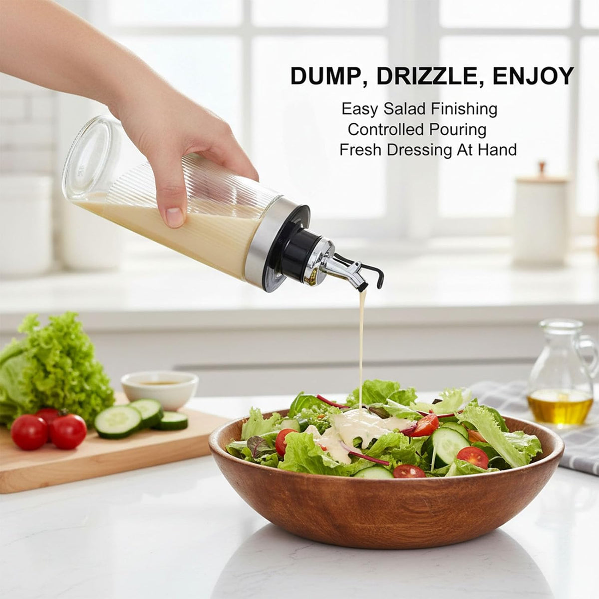 Salad Dressing Shaker Bottle, Ribbed Glass Dressing Bottle for Kitchen Table, Glass Oil Dispenser, Syrup Dispenser, Soy Sauce Dispenser and Condiment Bottle for Meal Prep, Dining and Coffee Bar