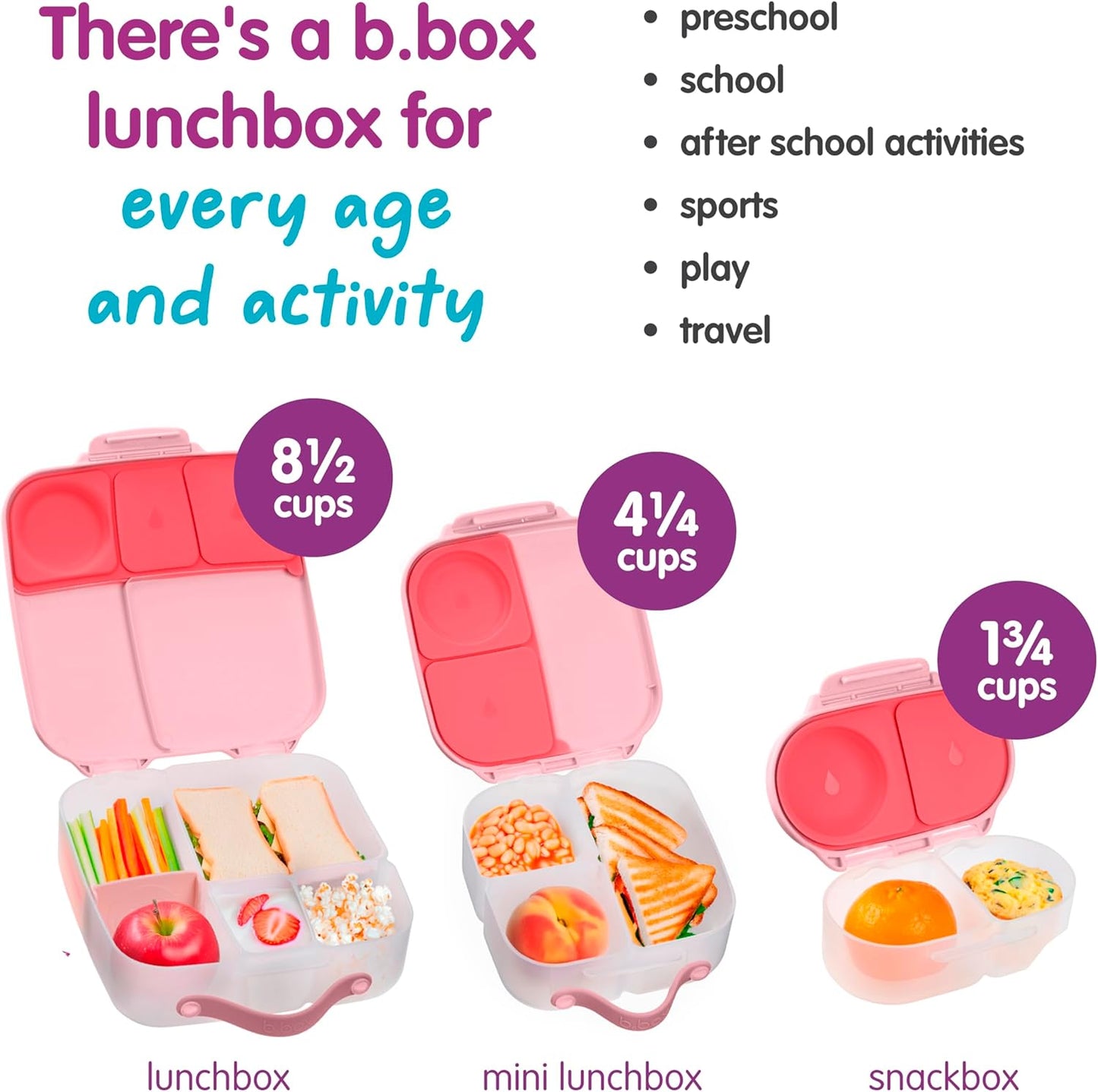 b.box Snack Box 2-Pack - Leak Proof Mini Bento Box for Kids & Toddlers, 2 Compartment Snack Containers for Kids, Dishwasher Safe, BPA-Free, PFAS-Free, Ages 4mo+, 1 3/4 Cup Each (Strawberry + Lilac)