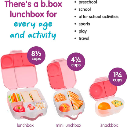 b.box Snack Box 2-Pack - Leak Proof Mini Bento Box for Kids & Toddlers, 2 Compartment Snack Containers for Kids, Dishwasher Safe, BPA-Free, PFAS-Free, Ages 4mo+, 1 3/4 Cup Each (Strawberry + Lilac)