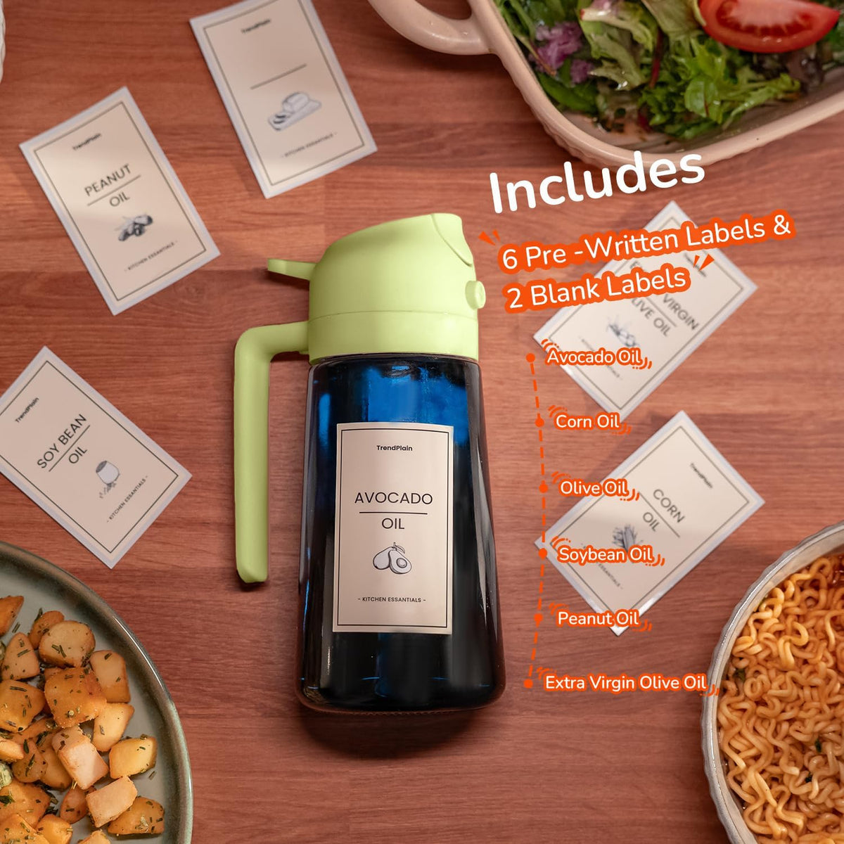 TrendPlain 16oz/470ml Blue Glass Olive Oil Sprayer for Cooking - 2 in 1 Olive Oil Dispenser for Kitchen Gadgets, Air Fryer, Salad, and BBQ - Black