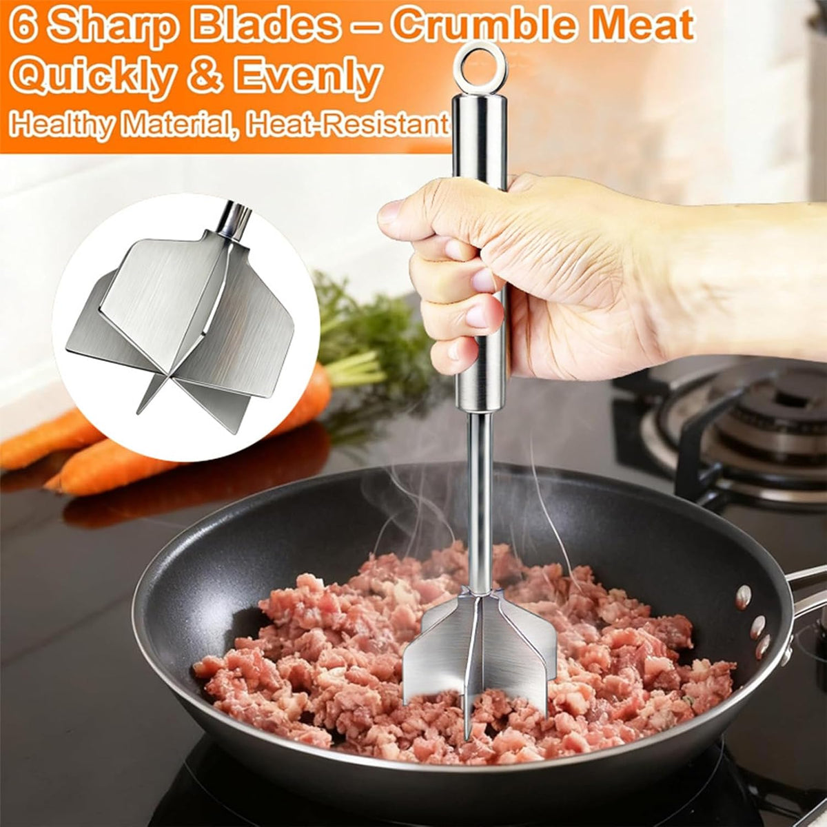 Meat Masher, 304 Stainless Steel 6 Blade Ground Beef Chopper Tool