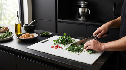 FARBERWARE Large Cutting Board, Dishwasher- Safe Plastic Chopping Board for Kitchen with Easy Grip Handle, 11in by 14in, White