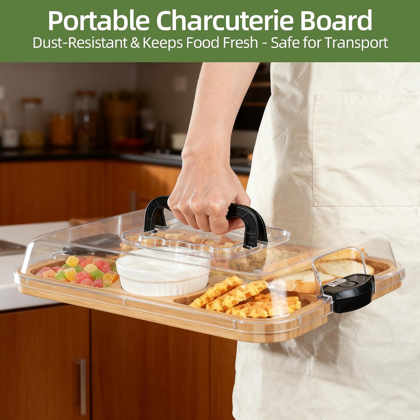 YANG Charcuterie Board with Lid, Divided Bamboo Serving Tray with Handle & Locking Lid, Portable Serving Platter for Party Outdoor Picnics Camping Gift Ready (6 Compartments,Rectangular)