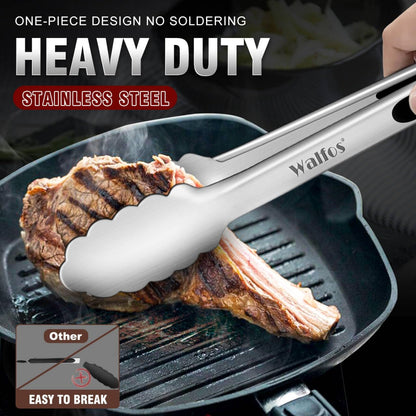 Walfos Kitchen Tongs for Cooking, 600℉ Heat Resistant Stainless Steel Tongs, All Metal Heavy Duty Tongs For Food ,BBQ Grilling - 7 ，9 and 12 Inch ,Set of 3