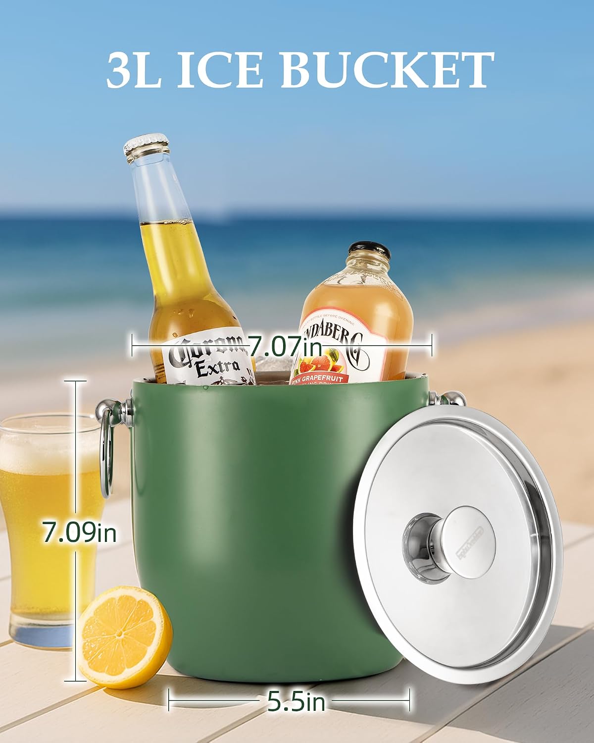 Insulated Ice Bucket, 3L Double Wall Stainless Steel Ice Bucket with Tongs,Lid, Scoop and Strainer, Ice Buckets for Parties,Cocktail Bars, Chilling Beer, Champagne, Wine Bottles