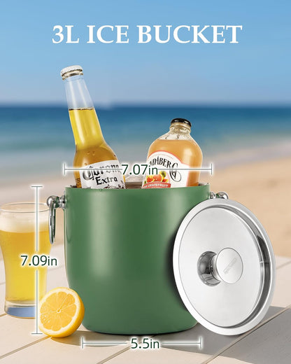 Insulated Ice Bucket, 3L Double Wall Stainless Steel Ice Bucket with Tongs,Lid, Scoop and Strainer, Ice Buckets for Parties,Cocktail Bars, Chilling Beer, Champagne, Wine Bottles