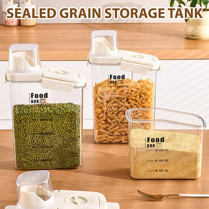 2800ml sealed food storage container with dumping outlet and handle, 2 transparent plastic kitchen grain distributors, suitable for grains, snacks, beans and flour.