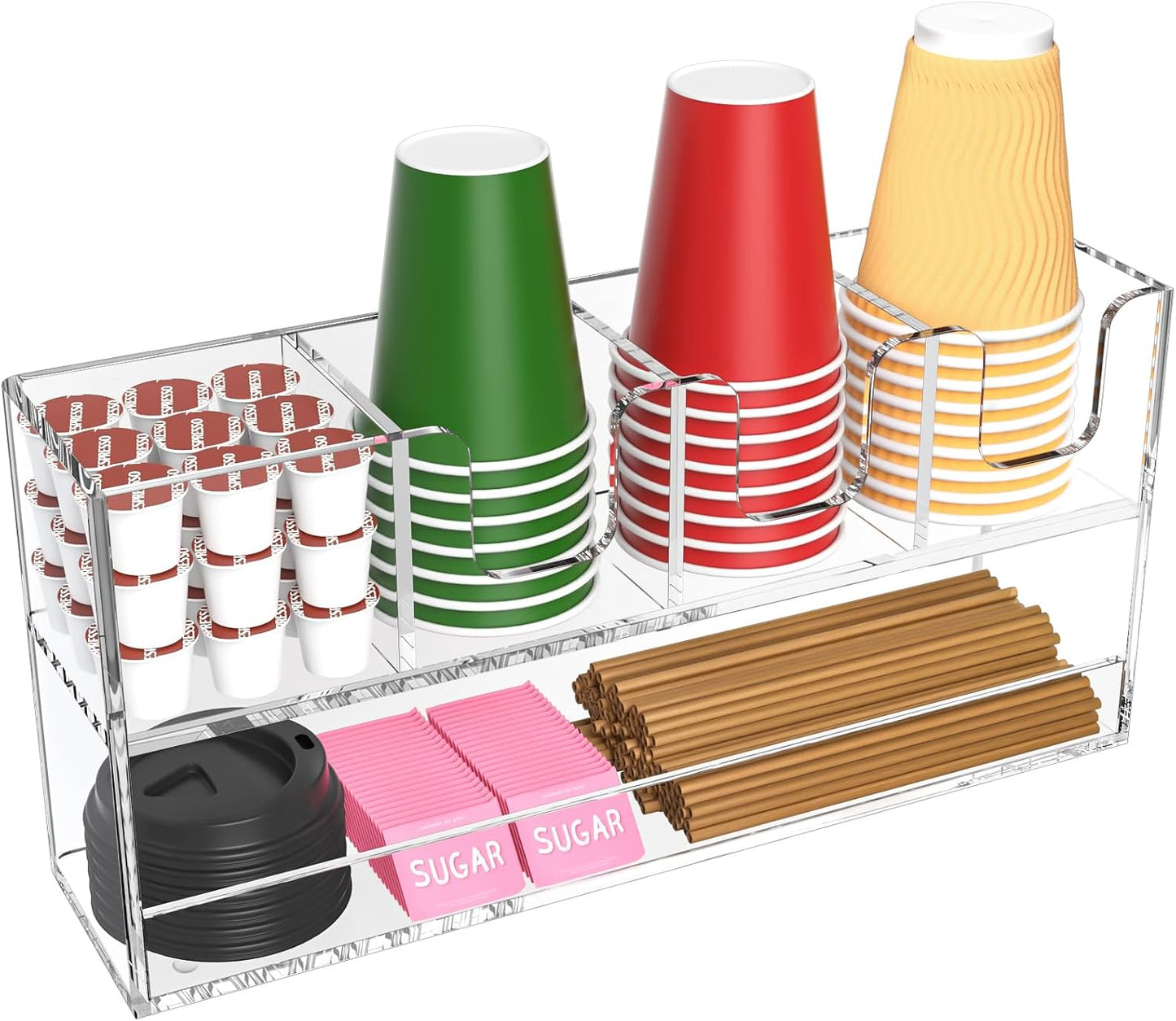Coffee Condiment and Cup Organizer - 2-Tier Upright Cup and Lid Holder with Straw Organizer 2 Compartments Clear Acrylic Cup Dispenser for Restaurant Breakroom Coffee Station Countertop