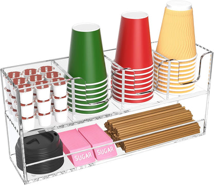 Coffee Condiment and Cup Organizer - 2-Tier Upright Cup and Lid Holder with Straw Organizer 2 Compartments Clear Acrylic Cup Dispenser for Restaurant Breakroom Coffee Station Countertop
