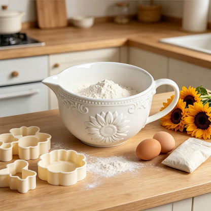 Gaolinci Sunflower Embossed Ceramic Mixing Bowl, 1 Quart Batter Bowl, with Pouring Spout and Handle
