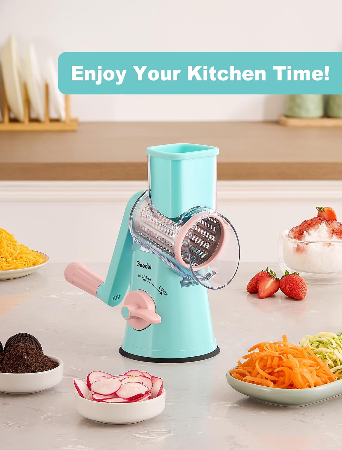 Geedel Rotary Cheese Grater, Kitchen Mandoline Vegetable Slicer with 3 Interchangeable Blades, Easy to Clean Rotary Grater Slicer for Cheese, Vegetables, Nuts