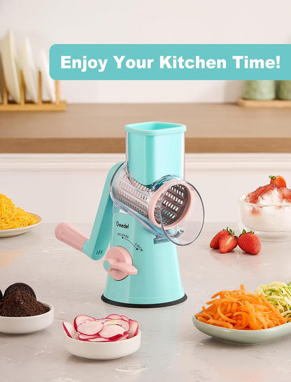Geedel Rotary Cheese Grater, Kitchen Mandoline Vegetable Slicer with 3 Interchangeable Blades, Easy to Clean Rotary Grater Slicer for Cheese, Vegetables, Nuts