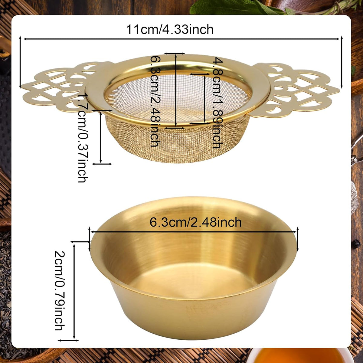 Tea Strainers with Drip Bowls, Gold, 2 Pack
