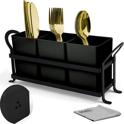 Czlizdyt Cutlery Holder with Drain Holes, Silverware Caddy for Party Countertop, 3pcs Bins Set Utensil Holders for Spoon and Fork, White