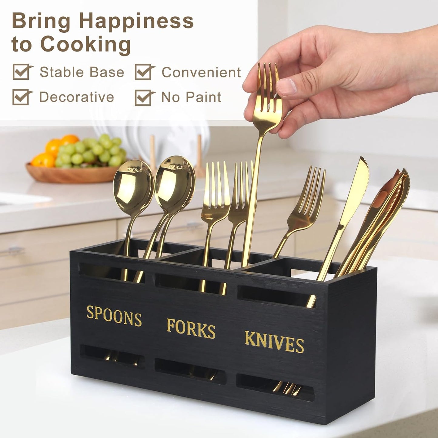 Wooden Silverware Cutlery Holder White Flatware Caddy Small Kitchen Utensil Holders for Party Wood Silverware Organizer Storage for Table Countertop Spoon and Fork Holder Utensils Caddy Basket