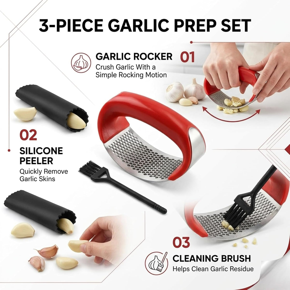 Angel's Peel Lounge Stainless Steel Garlic Press Rocker Set with Silicone Garlic Peeler & Cleaning Brush – Garlic Chopper, Mincer, Grater, Crusher – Easy for Crushed Cloves – Rust-Resistant, Black