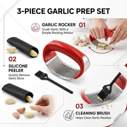 Angel's Peel Lounge Stainless Steel Garlic Press Rocker Set with Silicone Garlic Peeler & Cleaning Brush – Garlic Chopper, Mincer, Grater, Crusher – Easy for Crushed Cloves – Rust-Resistant, Black