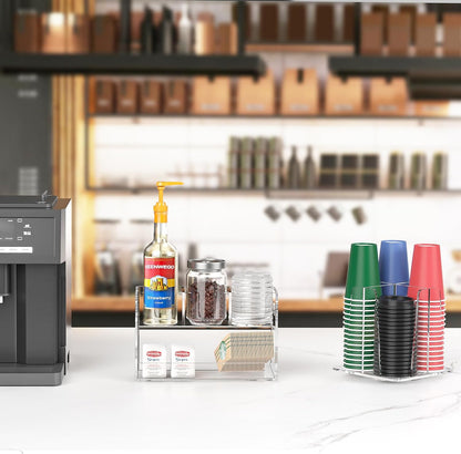 Disposable Coffee Cup Dispenser with Handles, 2-Tier 4 Compartments Clear Acrylic Paper Cup and Lid Storage Organizer for Coffee Bar Kitchen Accessories Restaurant Breakroom Party Supplies