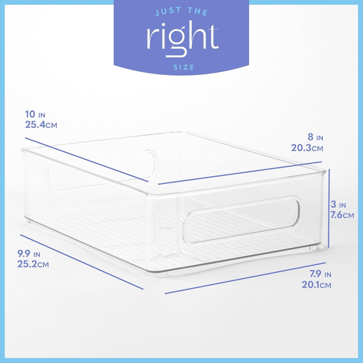 Plastic Food Storage 4 Pack Clear Container Bin with Handles for Organizing Kitchen, Pantry, Refrigerator, Freezer, Pantry, Cabinet, Closet, Bathroom. Stackable 10”x6”x3”