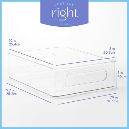 Plastic Food Storage 4 Pack Clear Container Bin with Handles for Organizing Kitchen, Pantry, Refrigerator, Freezer, Pantry, Cabinet, Closet, Bathroom. Stackable 10”x6”x3”