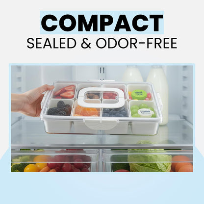 Snackle Box Container, 8-Compartment Divided Serving Tray with Lid & 2 Dip Cornus, Portable Snack Tray & Christmas Charcuterie Container for Parties, Road Trips & Airplane Snacks