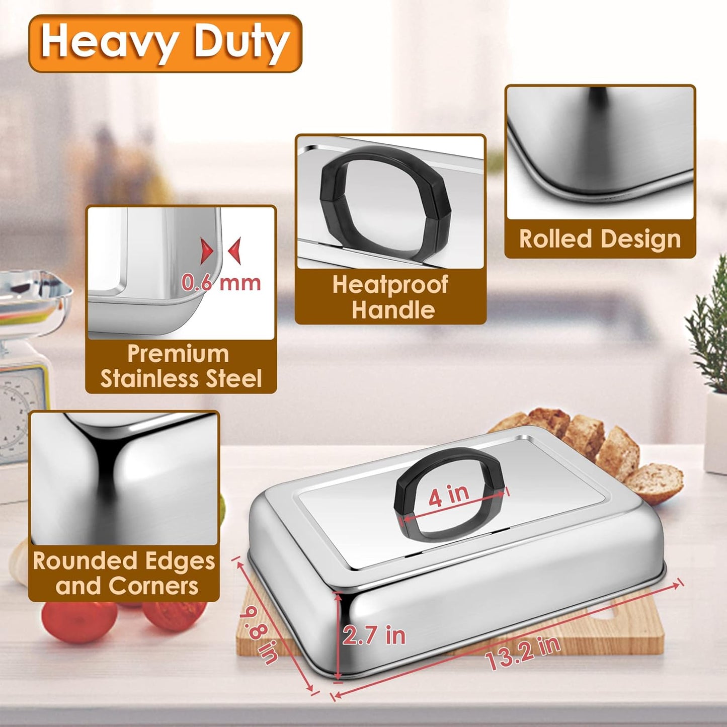 Leonyo 13 x 9 Inch Rectangular Basting Cover Set of 2, Stainless Steel Cheese Melting Dome Lid with Adjustable Vent Heavy Duty for Outdoor&Indoor Flat Top Griddle Accessories Teppanyaki BBQ Grilling