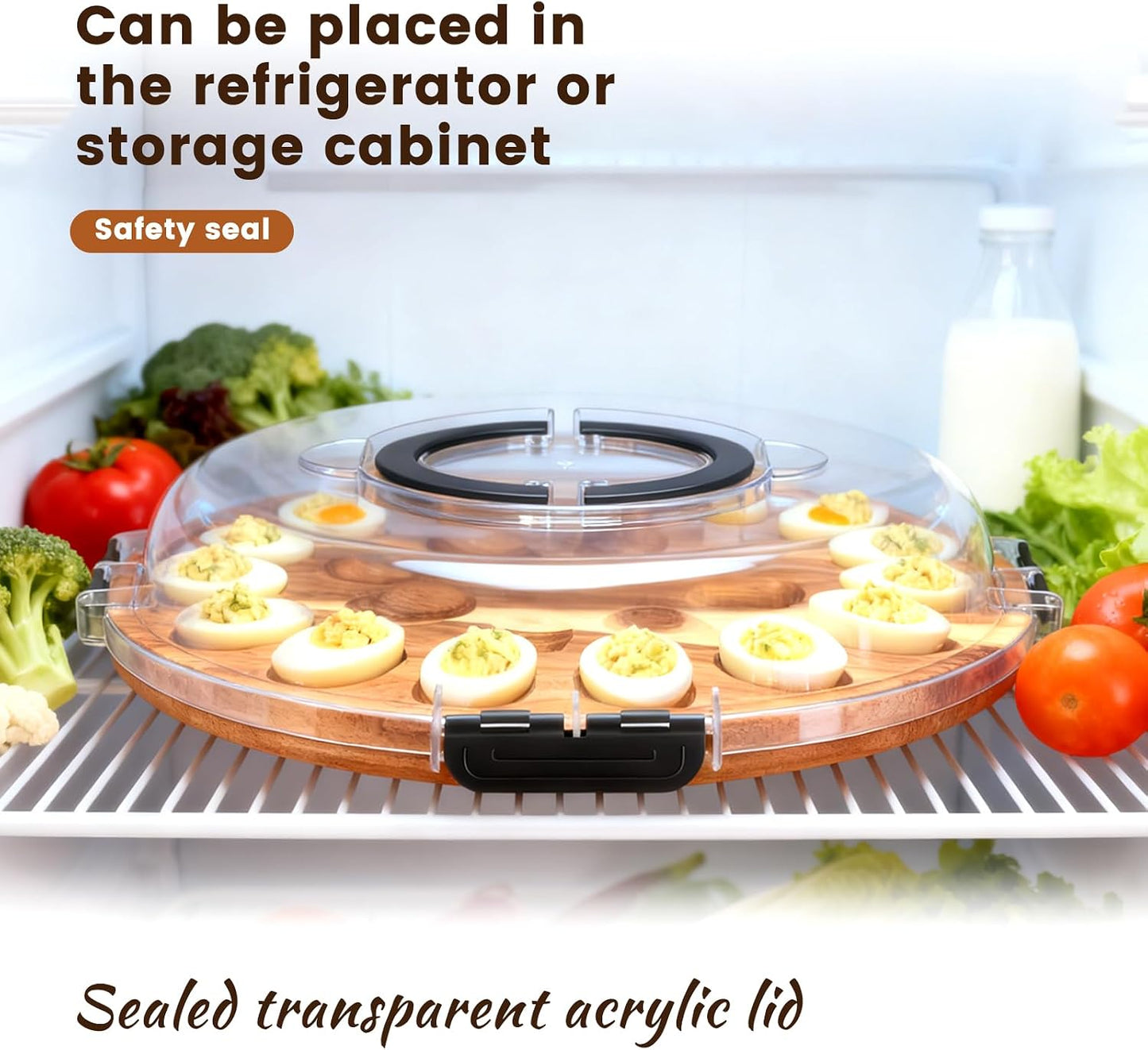 Deviled Egg Container with Lid, 2026 Upgraded Wooden Deviled Egg Platter Carrier Holder Trays with 24 Slots for Party and Home Kitchen Countertop Clear Lid Dishwasher Safe