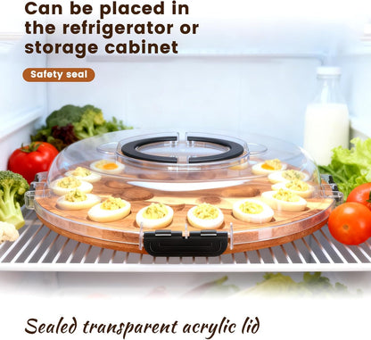 Deviled Egg Container with Lid, 2026 Upgraded Wooden Deviled Egg Platter Carrier Holder Trays with 24 Slots for Party and Home Kitchen Countertop Clear Lid Dishwasher Safe