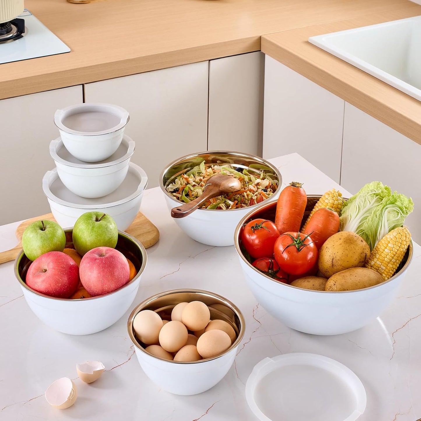 Pink Mixing Bowls with Airtight Lids, Stainless Steel Nesting Mixing Bowls Set of 7, Ideal for Baking, Prepping and Serving Food, Size 7, 3.6, 2.7, 2.1, 1.5, 1.1,0.8 QT, Stackable Design