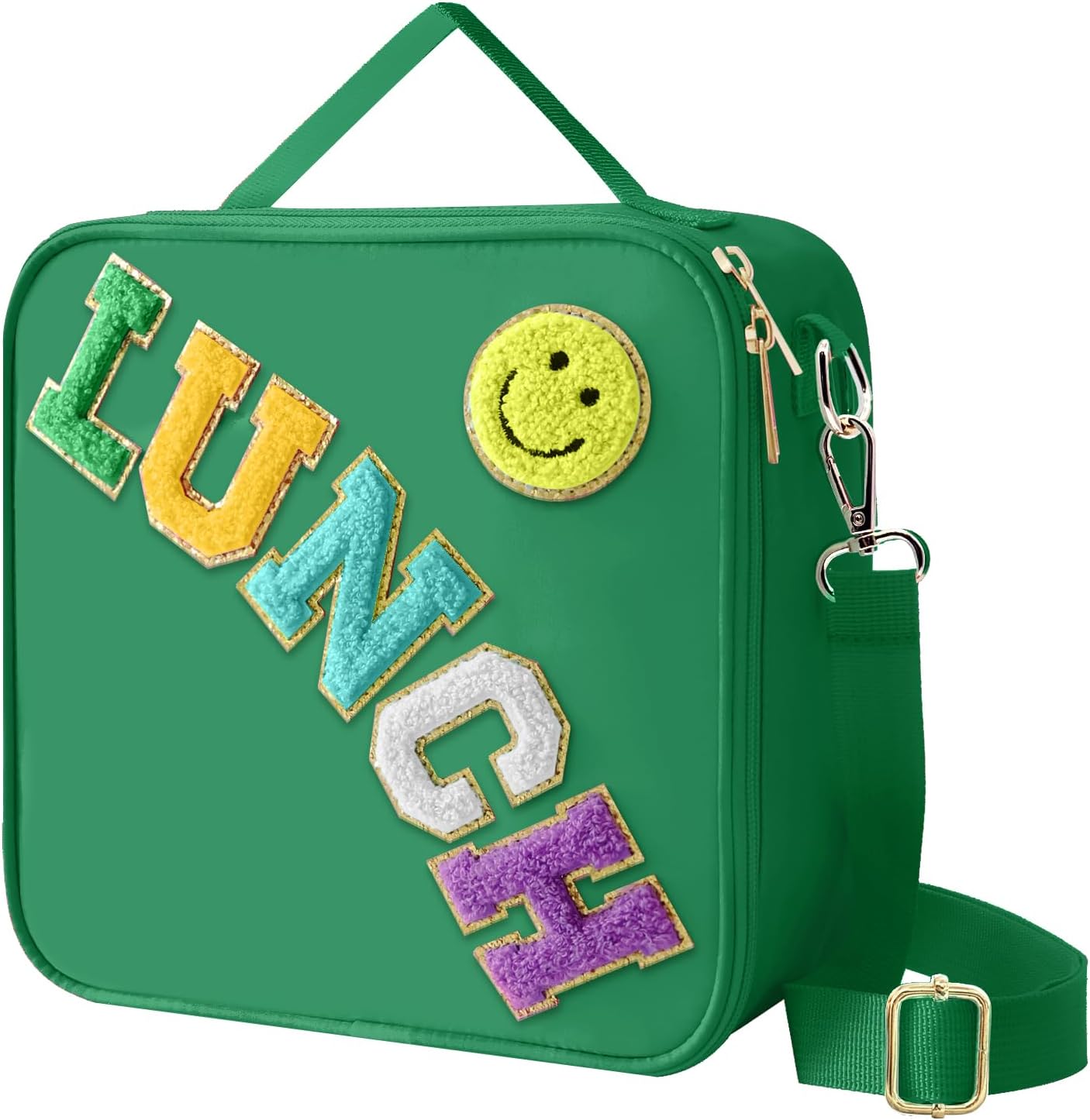 Insulated Lunch Bag With Adjustable Shoulder Strap, Nylon Preppy Lunch Box Large Insulated Lunch Bag Reusable Lunch Tote Bag with Smiley Preppy LunchBag for Girls School Travel Picnic (Green)
