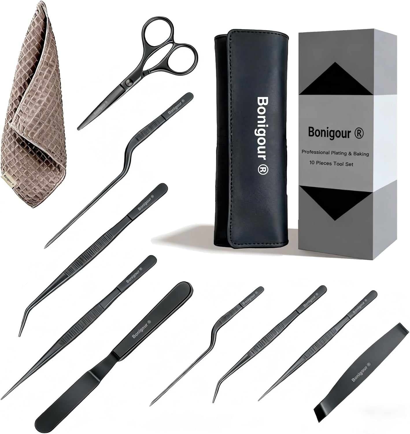 | Pastry Chef's Plating Tools Culinary Set | 10 Piece Professional Pastry Chef Plating Utensils | Spatula, Tweezers, Chef Scissors for Biscuit Decoration, Platig | Stainless Steel (Black)