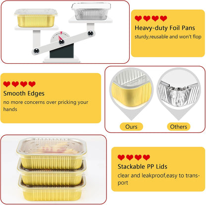 LNYZQUS 1lb Small Foil Pans With PP Lids 50 Pack, 16oz Heavy Duty Aluminum Leftover Containers Holders,Disposable Baking Tins To Go Containers For Cooking Heating Storing Meal Prep