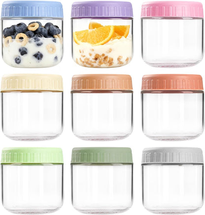 Overnight Oats Containers with Lids, 10oz Wide Mouth Mason Jars with Lids, 9 Pack Glass Jars with Airtight lid for Chia Pudding Yogurt Salad, Meal Prer Oatmeal Jars, Pink