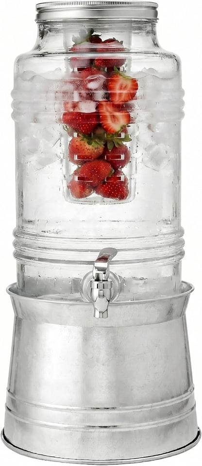 Circleware Breeze Glass Beverage Dispenser with Base Metal Stand Transforms to Ice Bucket, Lid, Fruit Infuser and Ice Insert, Entertainment Kitchen Drinking Glassware, Party, Huge 2.4 Gallons